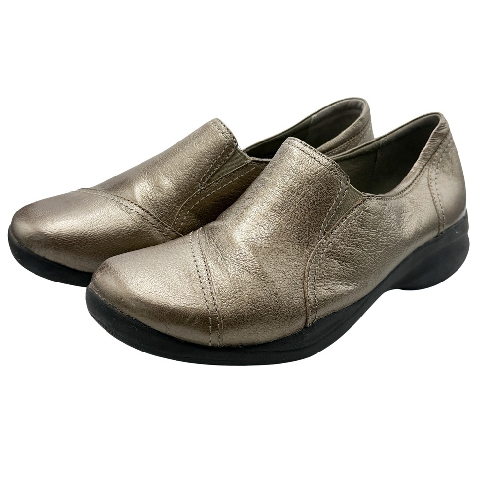 Clarks In Motion Women's 10W Pewter Leather Slip On‎ Comfort Walking Shoes